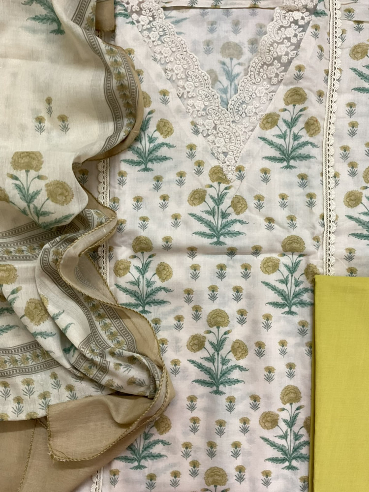Image of Pure Cotton Printed Embroidered Suit - Cream