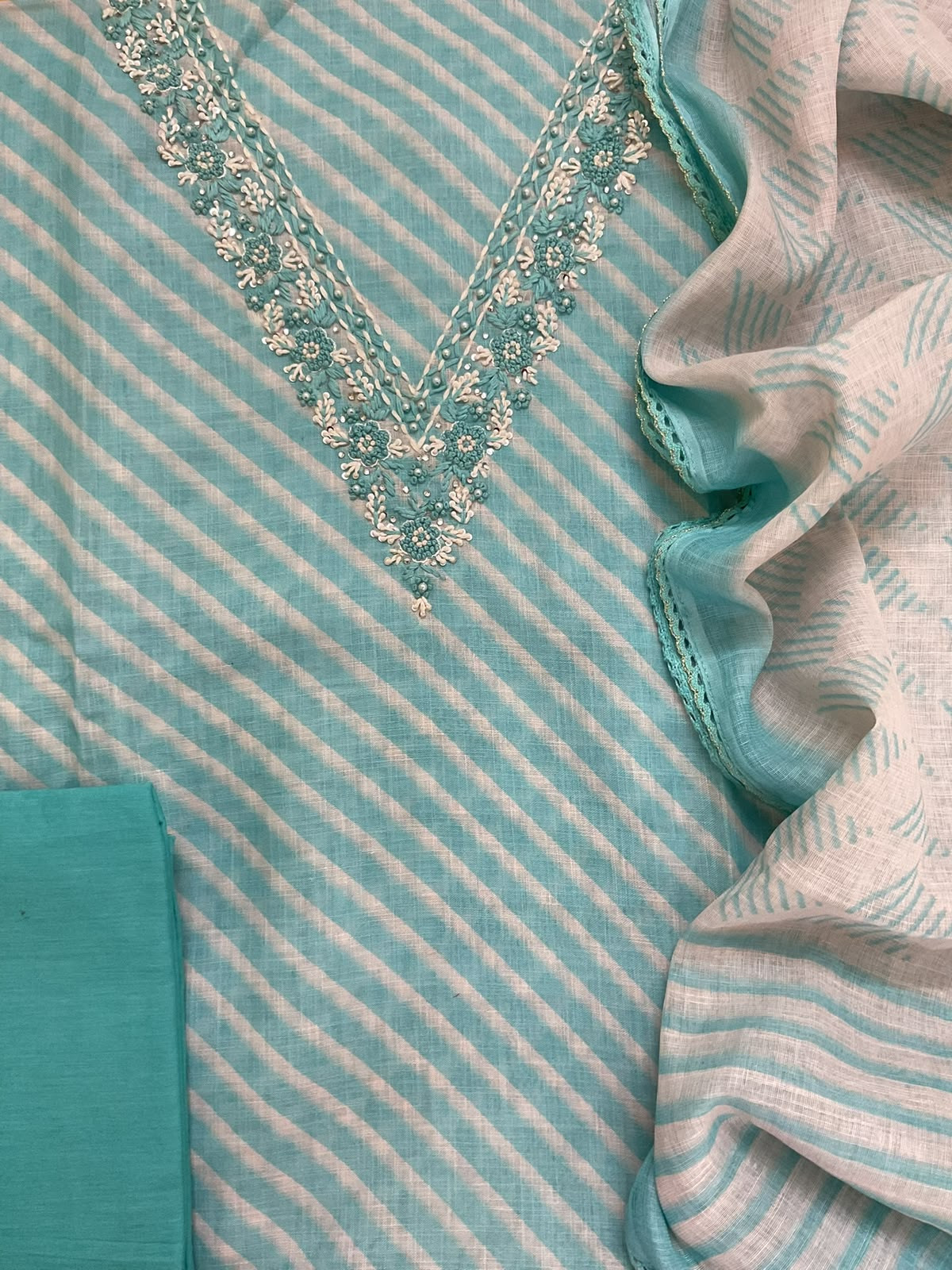 Soft Linen Jute Cotton Printed Embroidered Suit - Blue