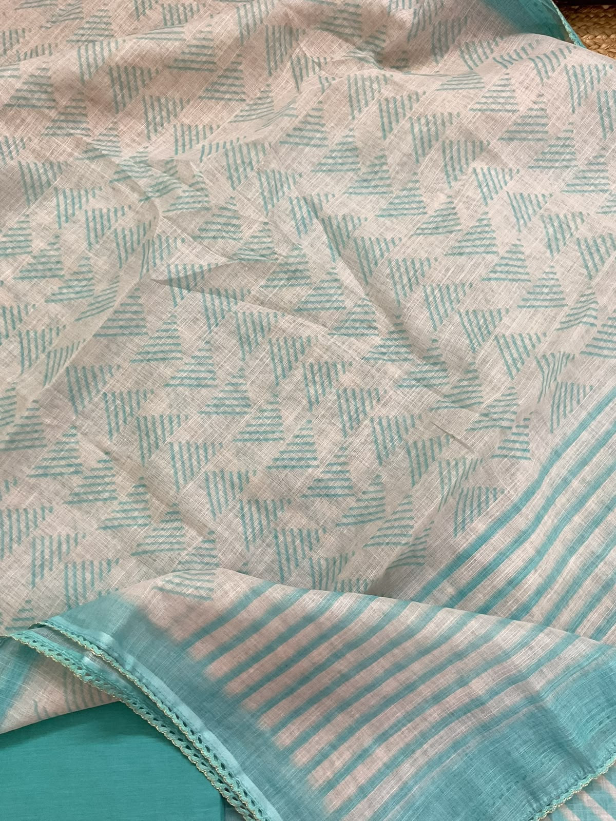 Soft Linen Jute Cotton Printed Embroidered Suit - Blue