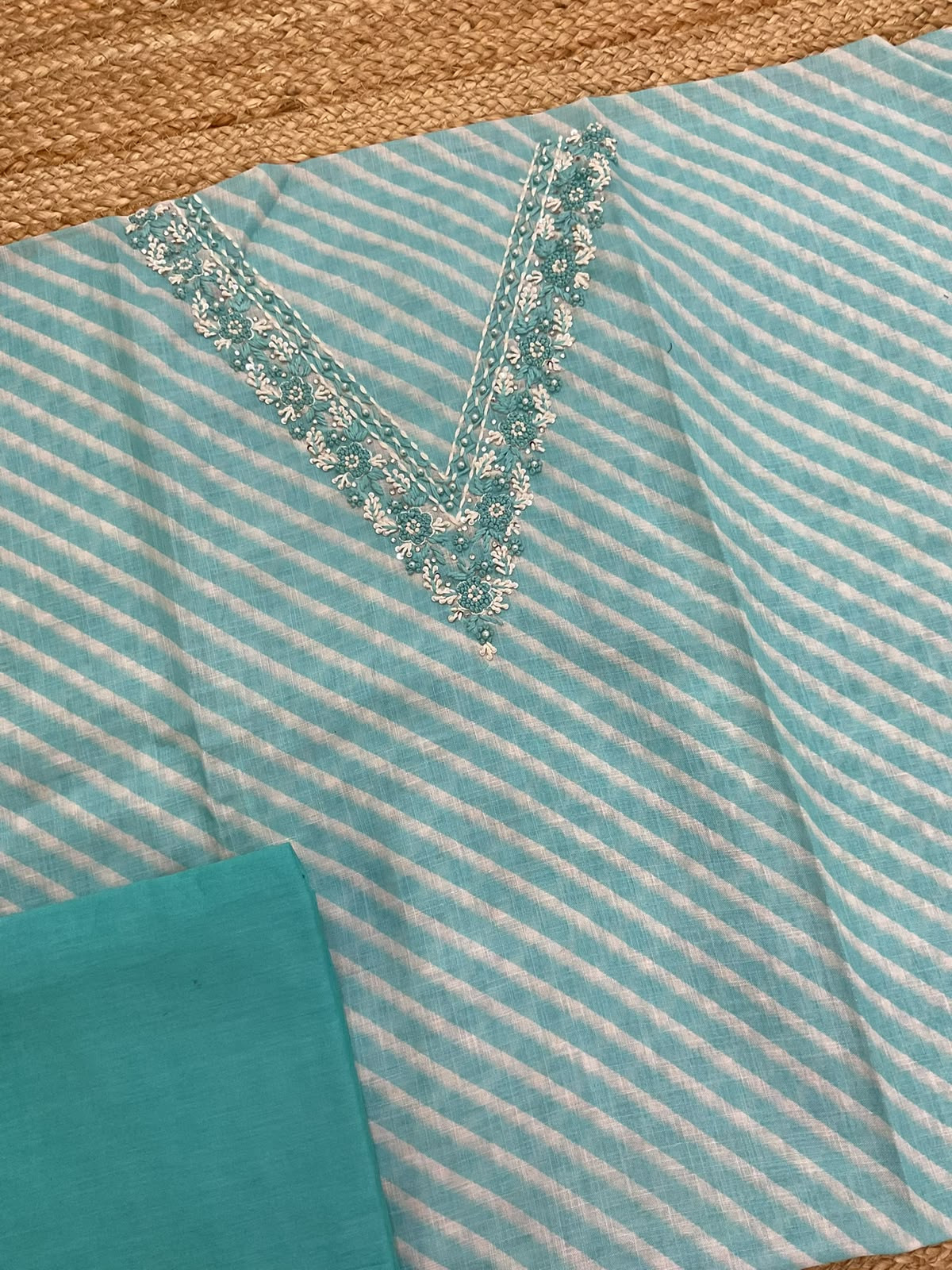 Soft Linen Jute Cotton Printed Embroidered Suit - Blue