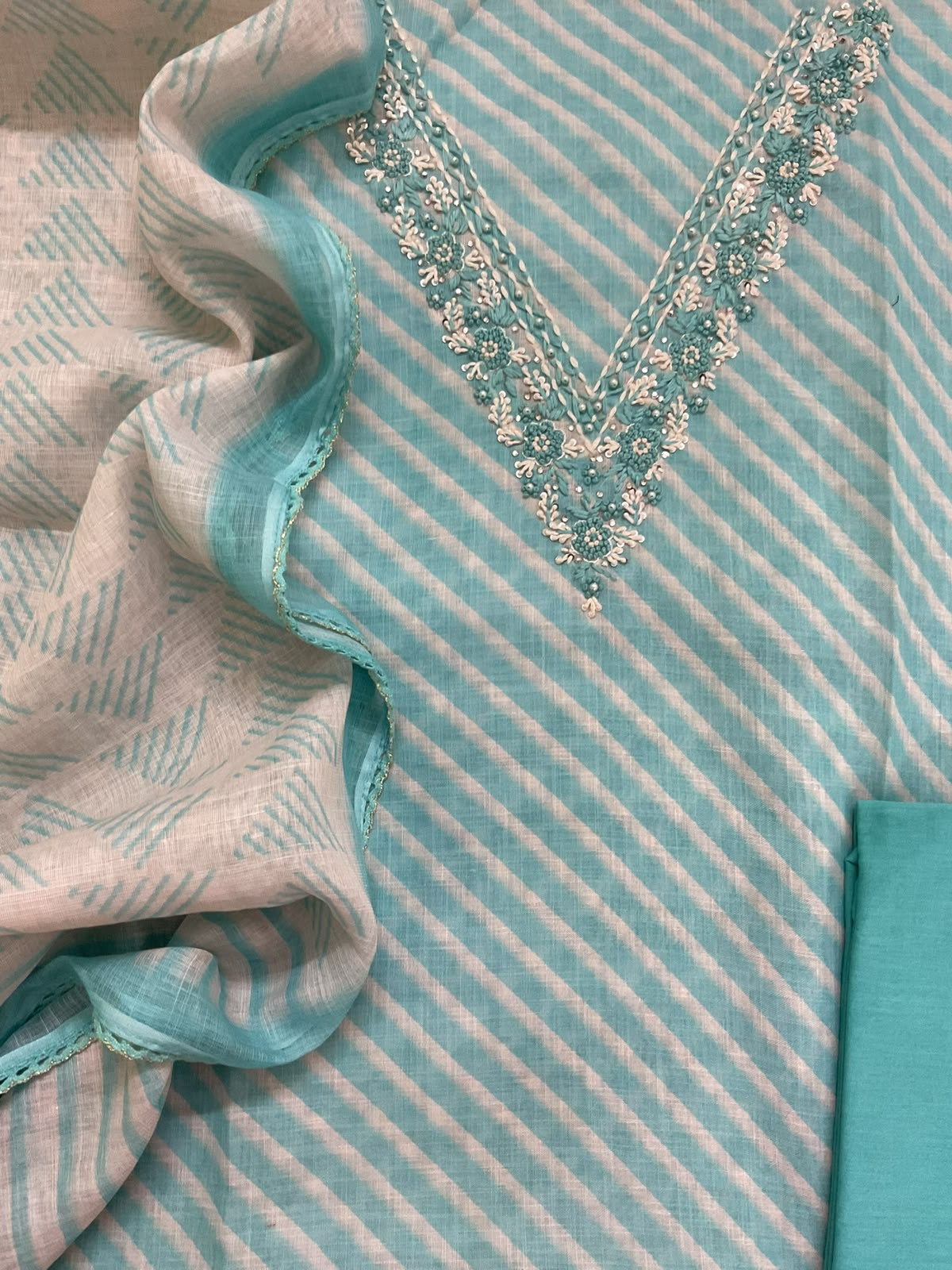Soft Linen Jute Cotton Printed Embroidered Suit - Blue