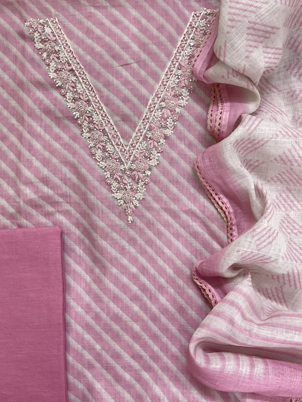 Soft Linen Jute Cotton Printed Embroidered Suit - Pink