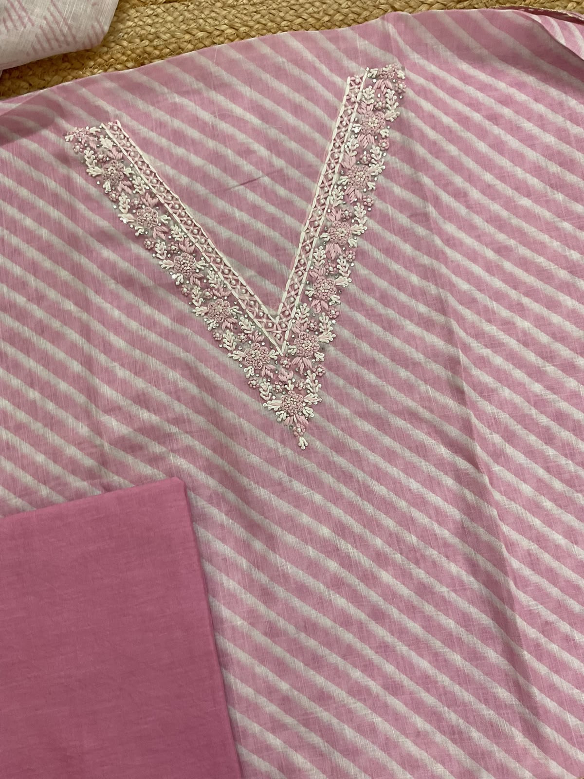 Soft Linen Jute Cotton Printed Embroidered Suit - Pink