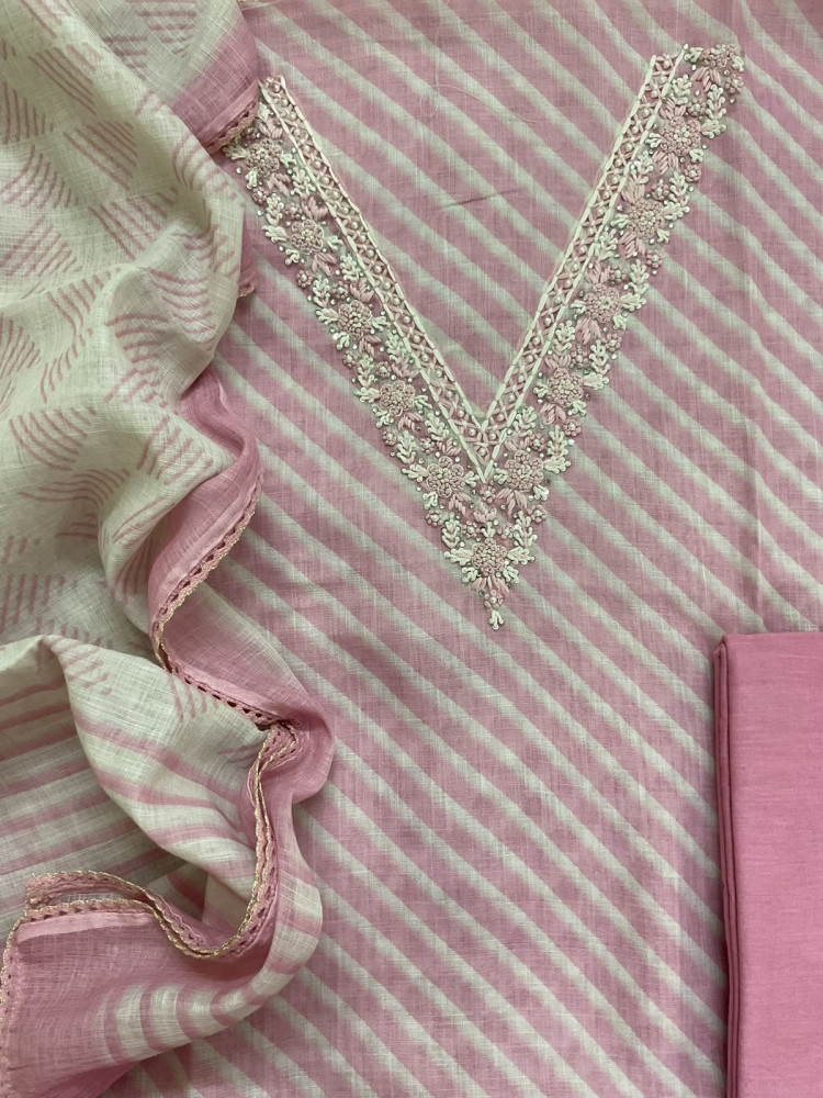 Image of Soft Linen Jute Cotton Printed Embroidered Suit - Pink