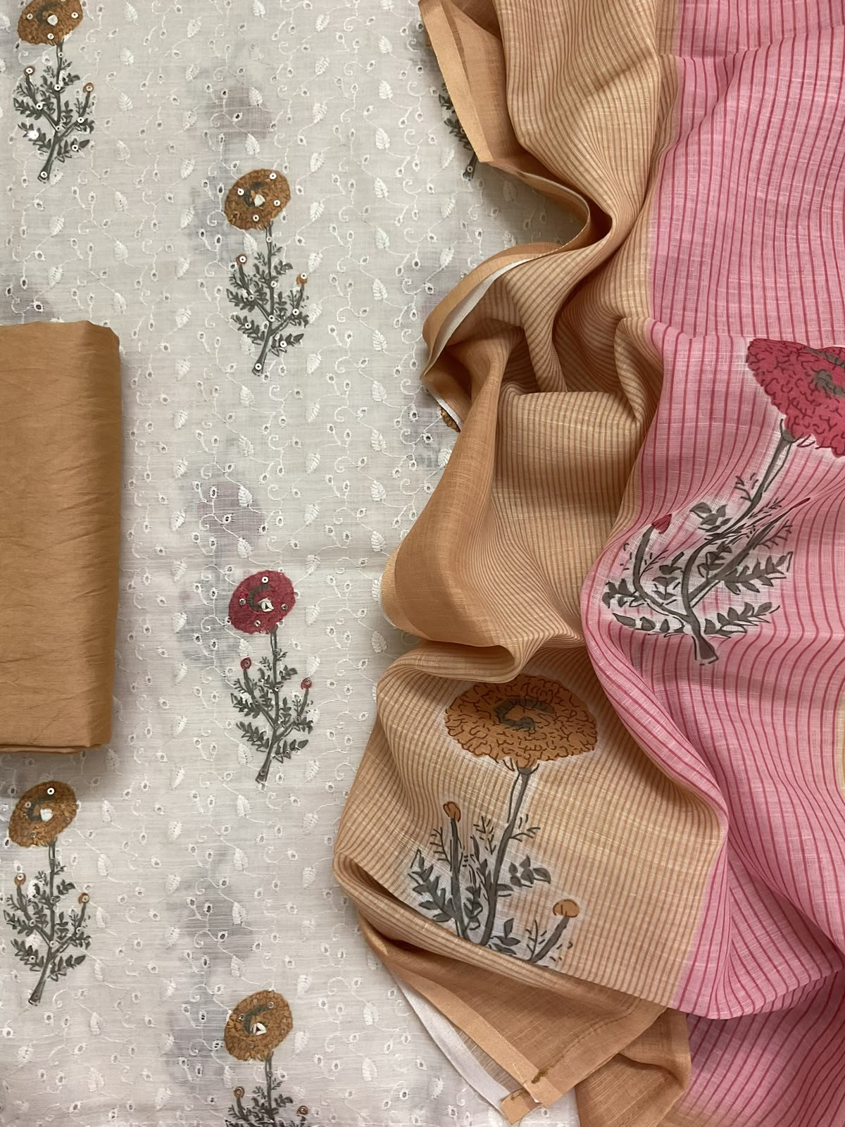 Soft Linen Jute Cotton Printed Embroidered Suit - Off White