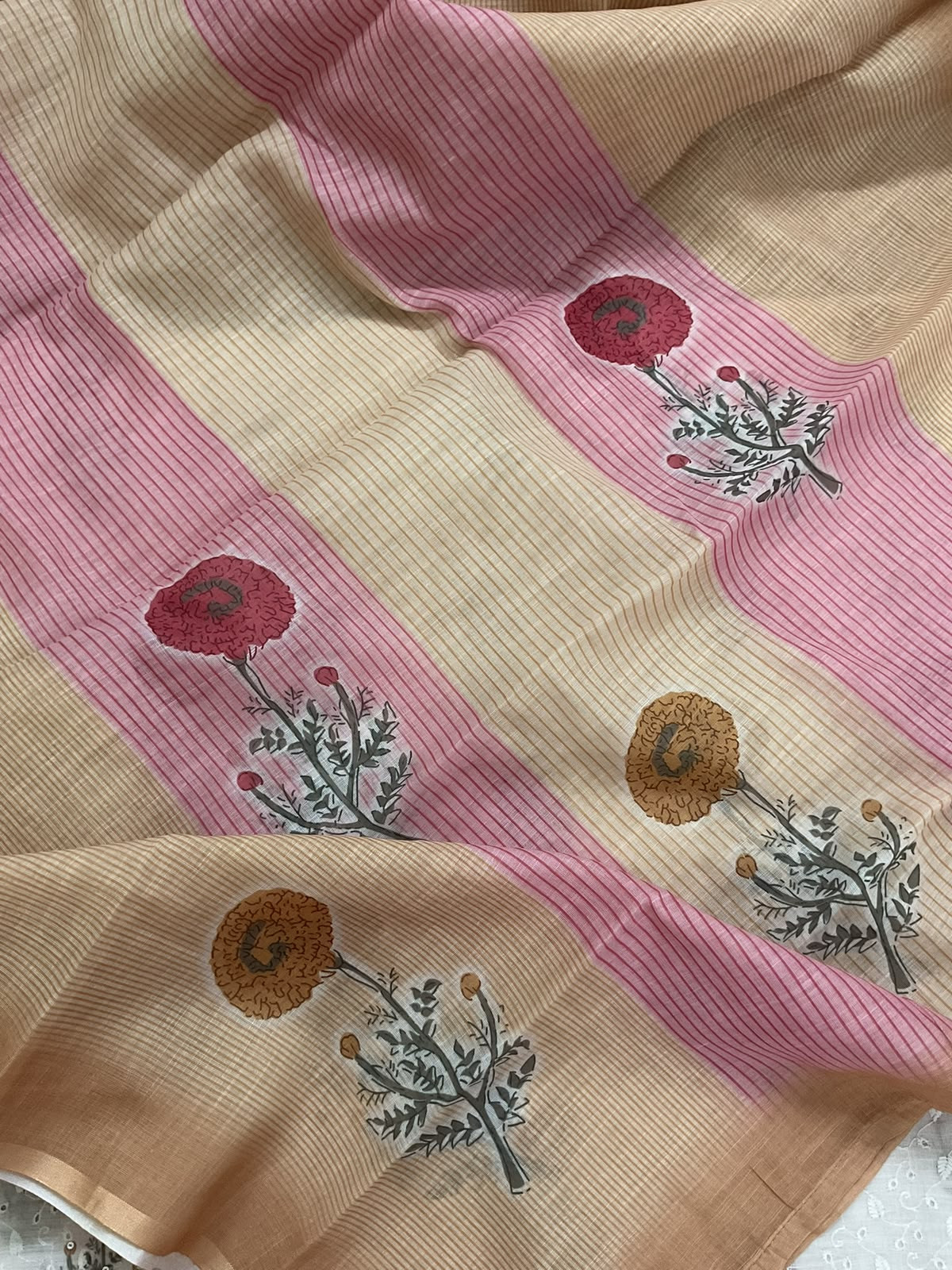 Soft Linen Jute Cotton Printed Embroidered Suit - Off White