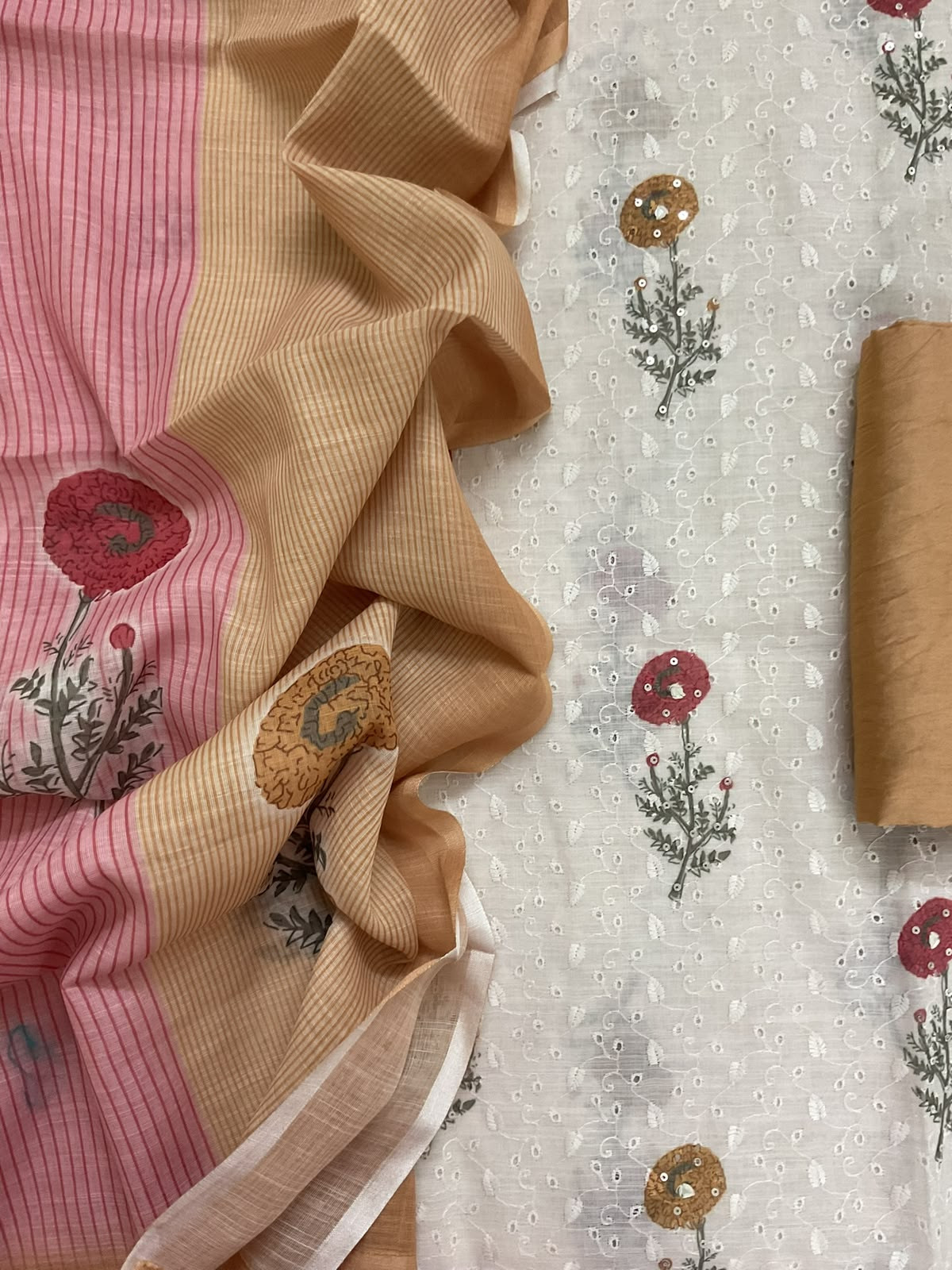 Soft Linen Jute Cotton Printed Embroidered Suit - Off White