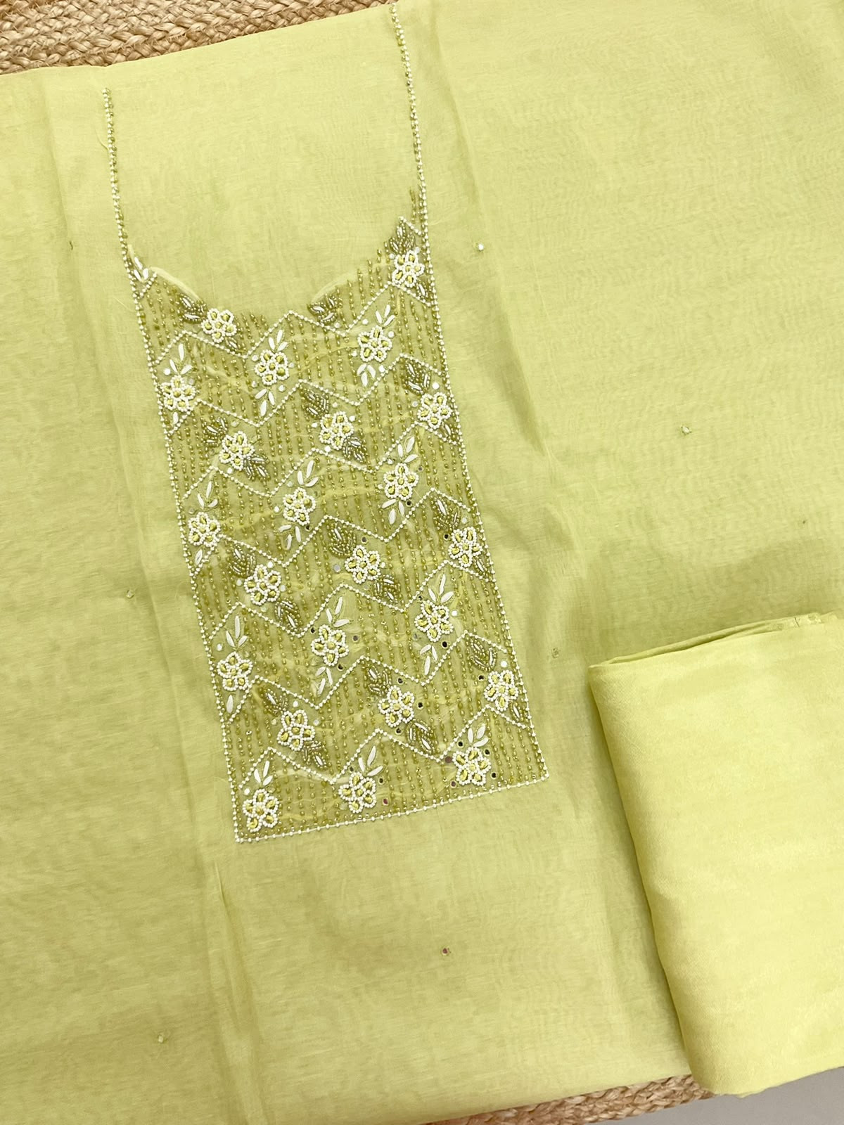 Soft Chanderi Jamdani Weaved Embroidered Suit - Lime Yellow