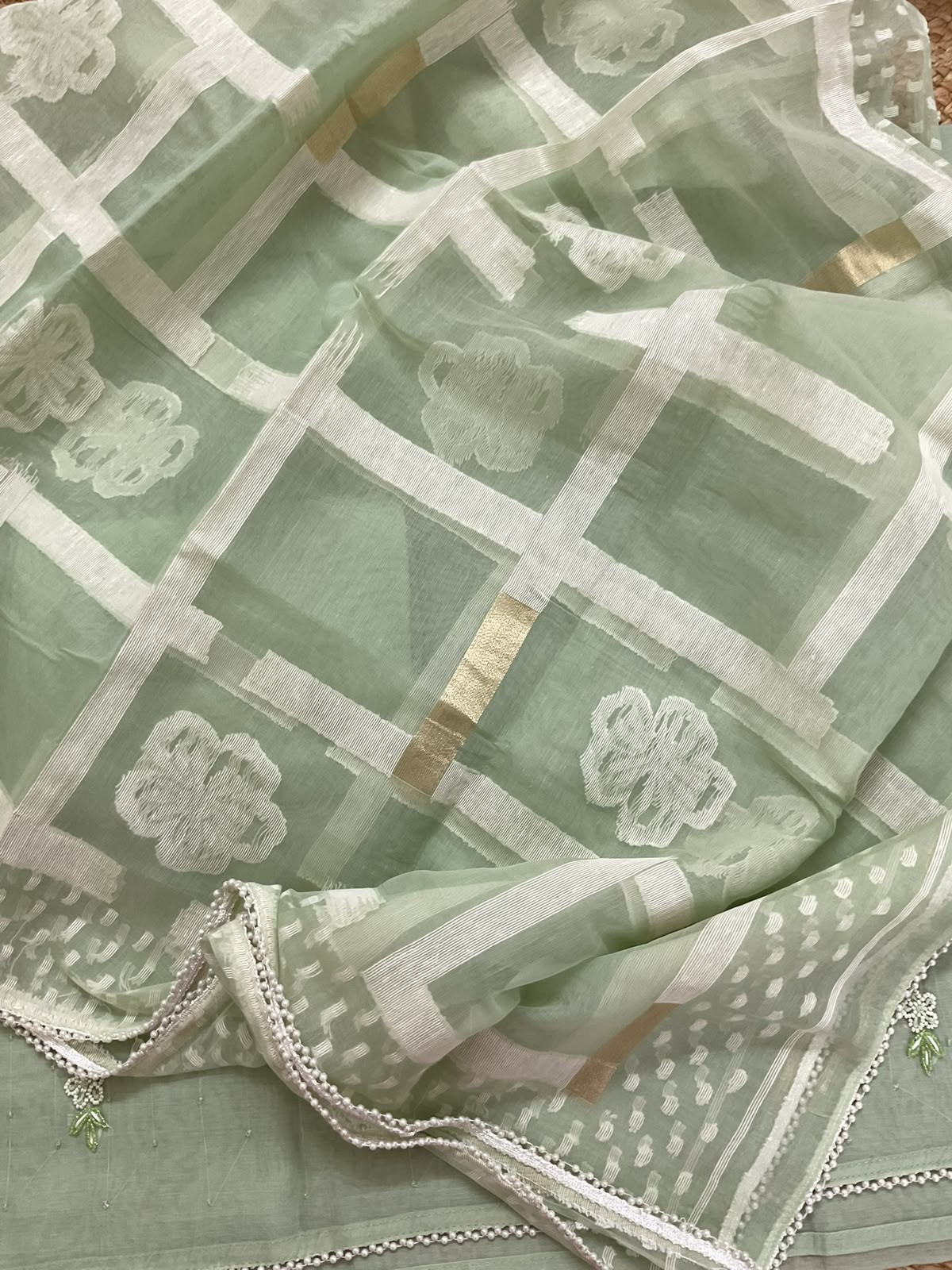 Soft Chanderi Jamdani Weaved Embroidered Suit - Sea Green
