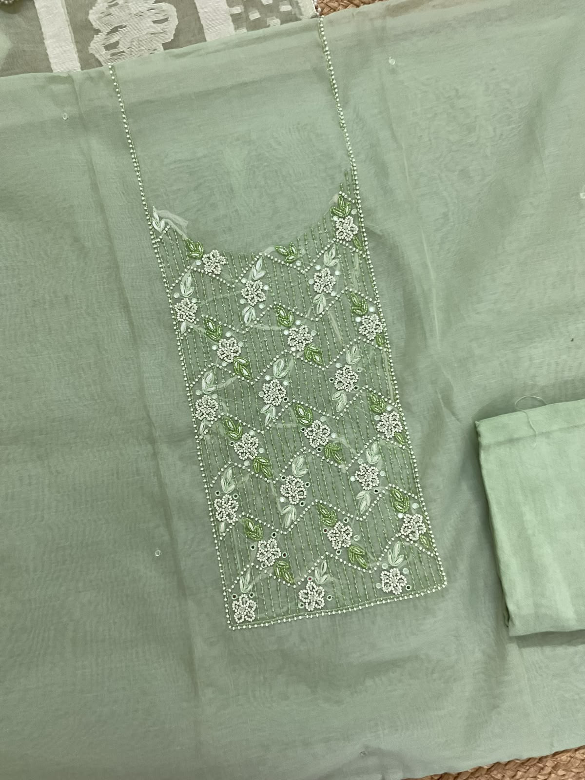 Soft Chanderi Jamdani Weaved Embroidered Suit - Sea Green