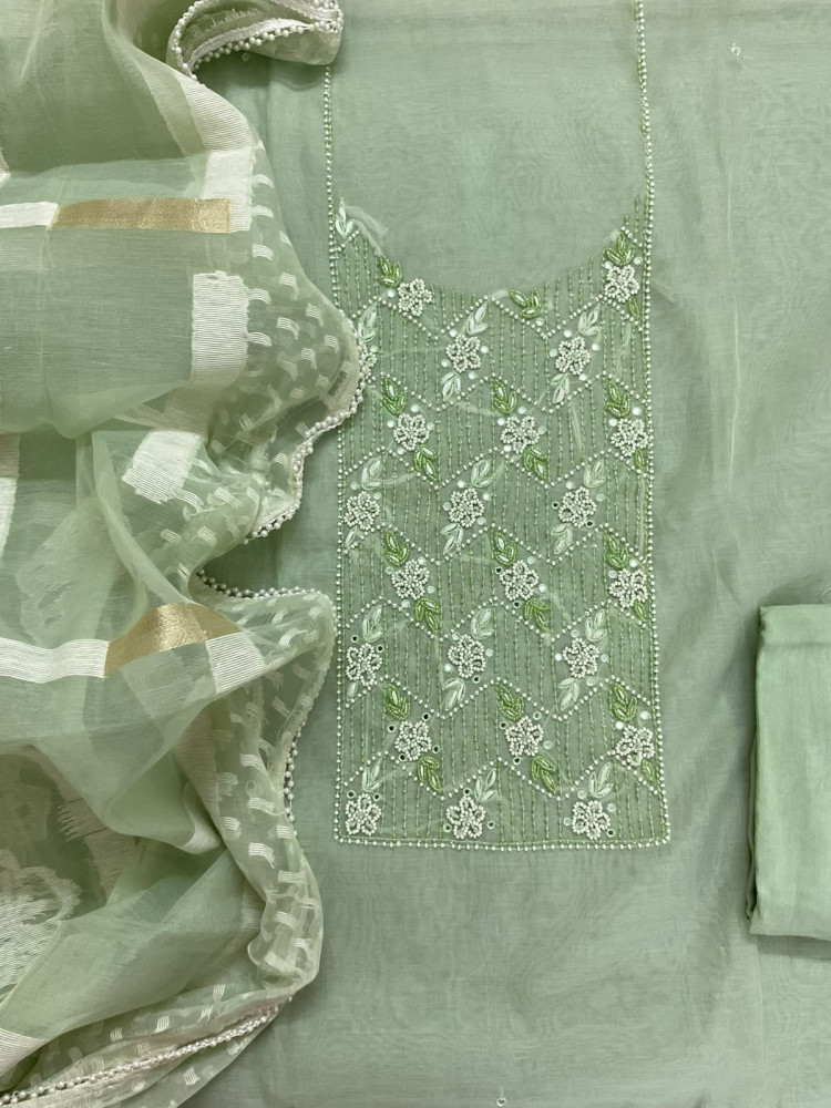 Image of Soft Chanderi Jamdani Weaved Embroidered Suit - Sea Green