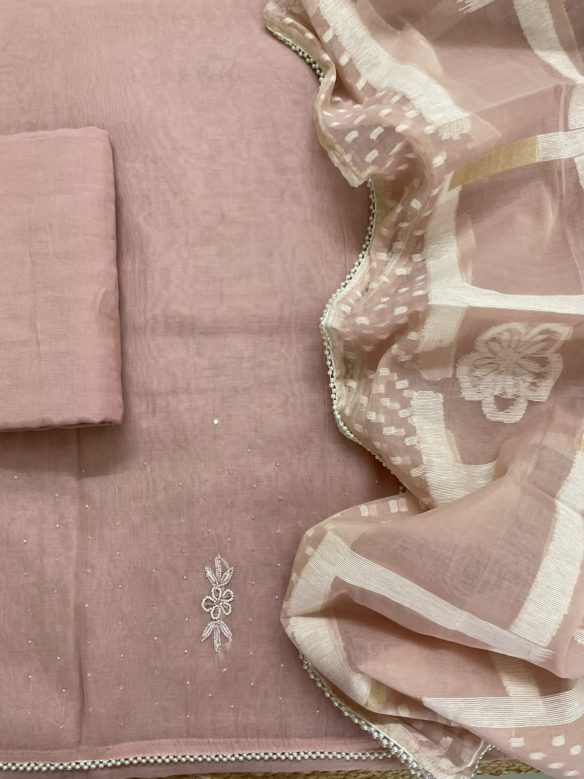 Soft Chanderi Jamdani Weaved Embroidered Suit - Pink