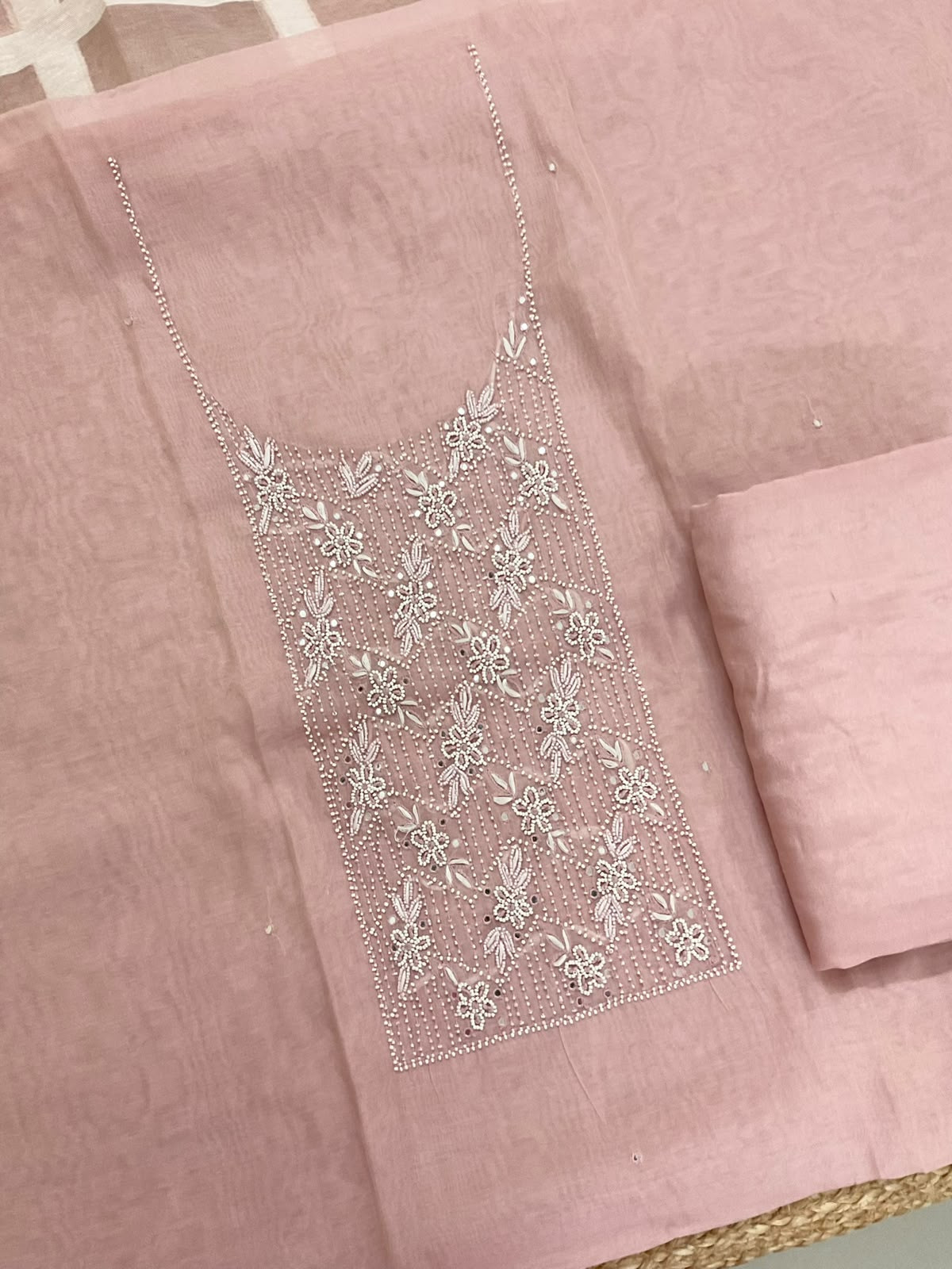 Soft Chanderi Jamdani Weaved Embroidered Suit - Pink