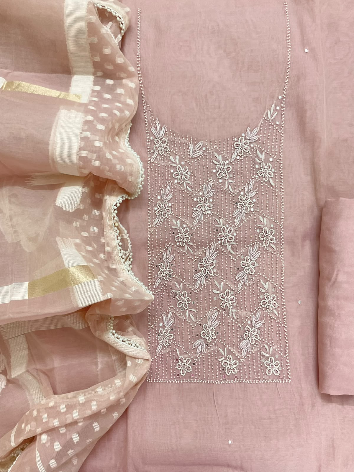 Soft Chanderi Jamdani Weaved Embroidered Suit - Pink