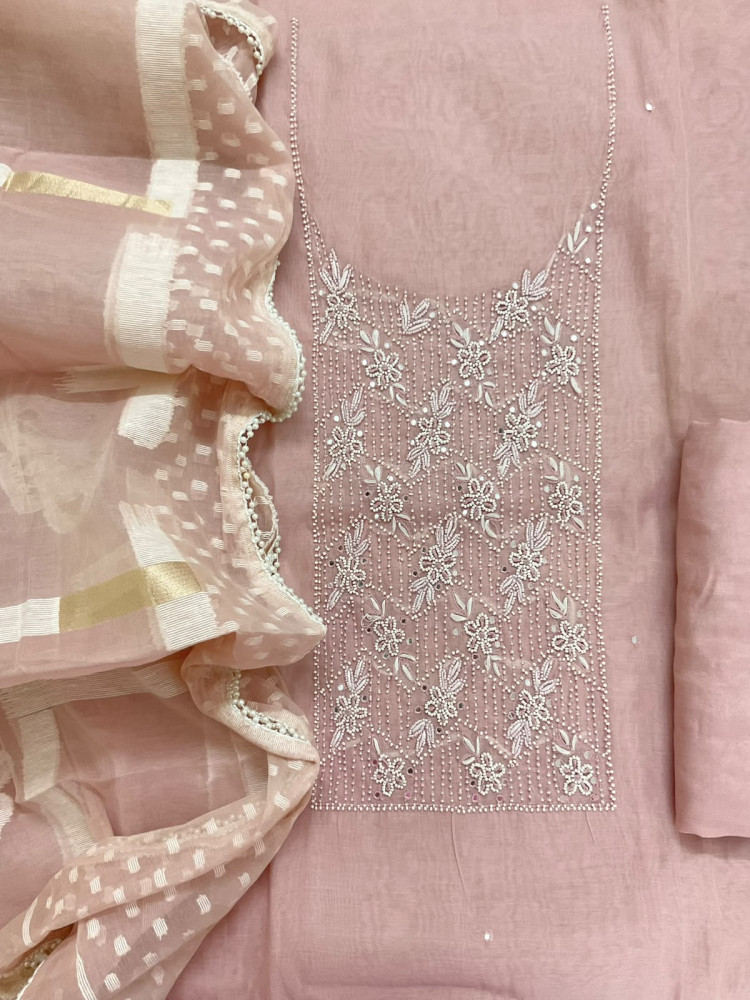 Image of Soft Chanderi Jamdani Weaved Embroidered Suit - Pink