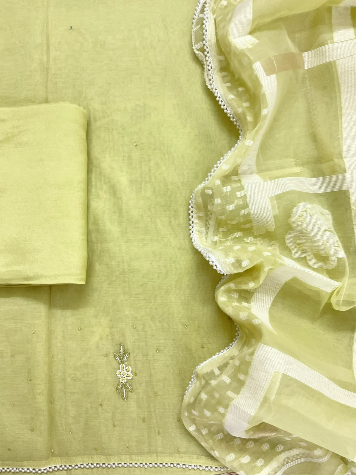 Soft Chanderi Jamdani Weaved Embroidered Suit - Lime Yellow