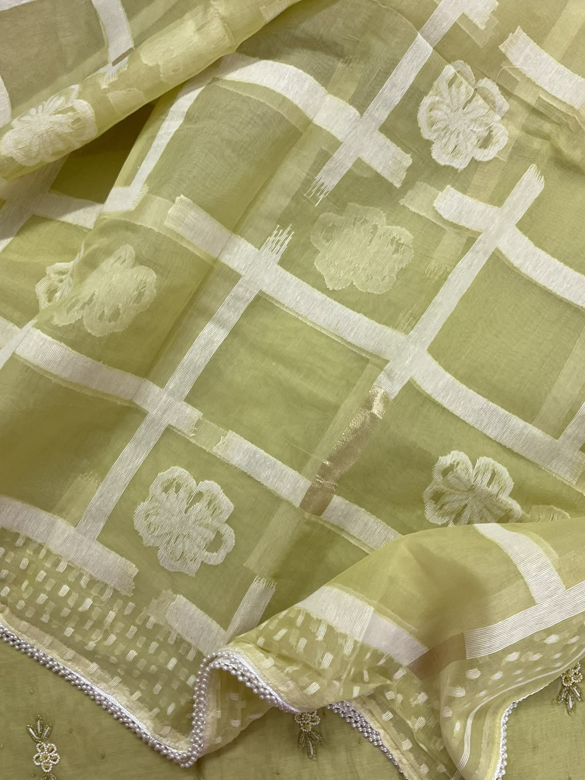 Soft Chanderi Jamdani Weaved Embroidered Suit - Lime Yellow
