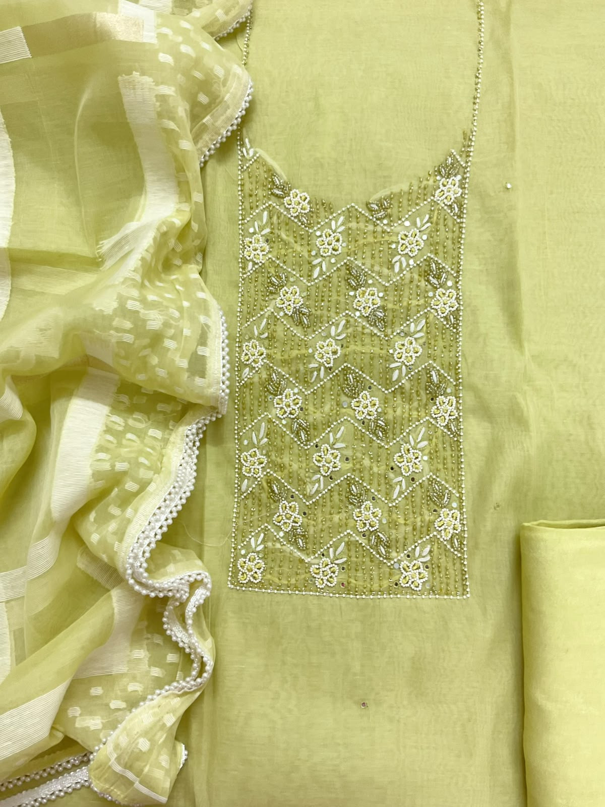 Soft Chanderi Jamdani Weaved Embroidered Suit - Lime Yellow
