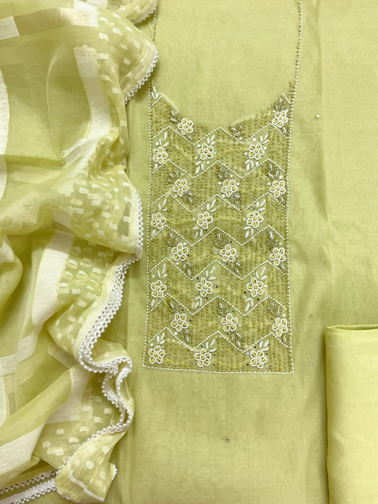Image of Soft Chanderi Jamdani Weaved Embroidered Suit - Lime Yellow