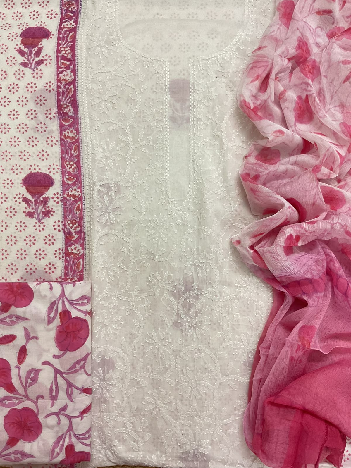 Pure Fine Mul Cotton Printed Embroidered Suit - Off White