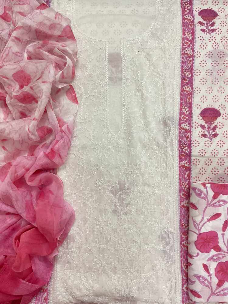 Image of Pure Fine Mul Cotton Printed Embroidered Suit - Off White