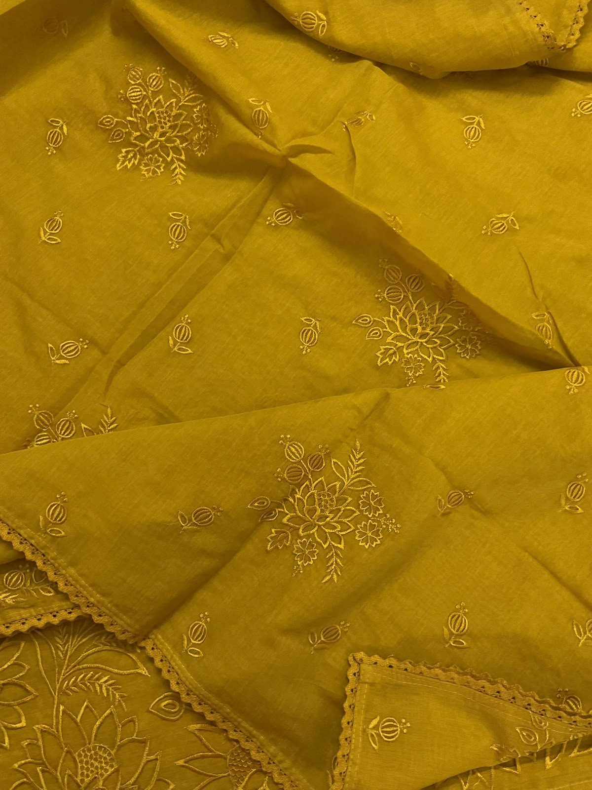 Pure Chanderi Embroidered Suit - Yellow