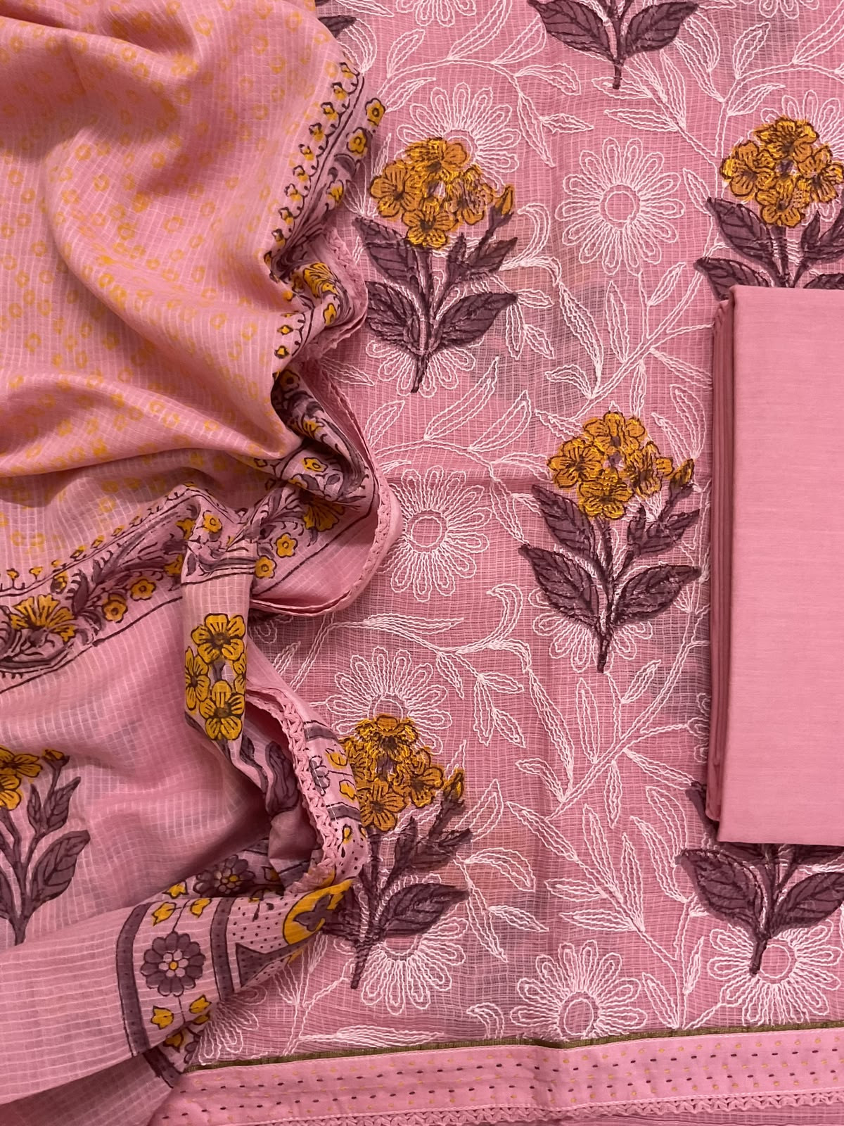 Pure Kota Cotton Printed Embroidered Suit - Pink