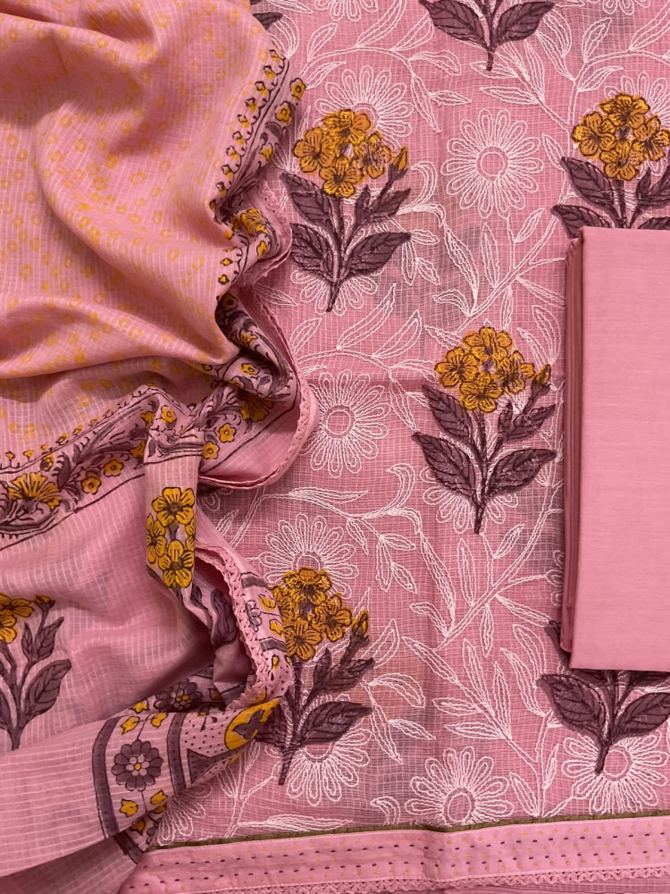 Image of Pure Kota Cotton Printed Embroidered Suit - Pink