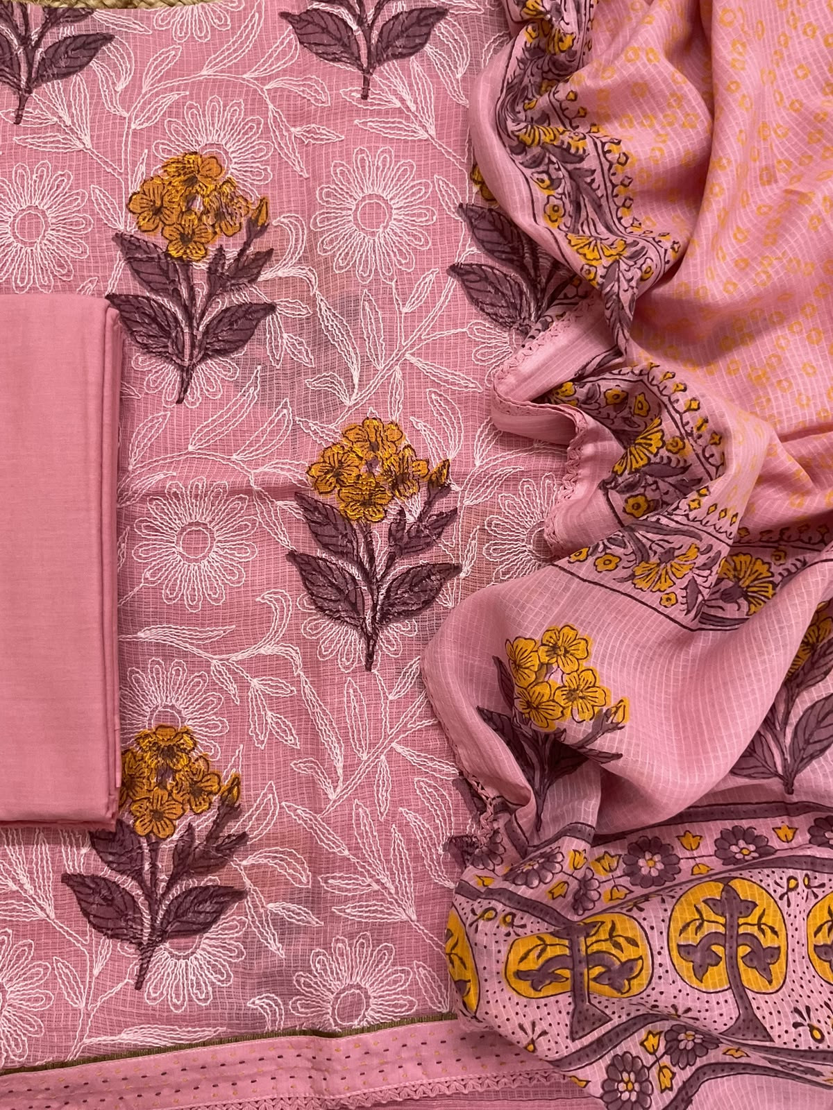 Pure Kota Cotton Printed Embroidered Suit - Pink