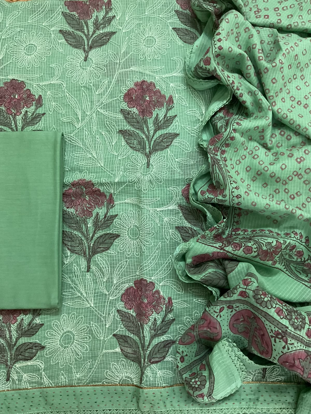 Pure Kota Cotton Printed Embroidered Suit - Green