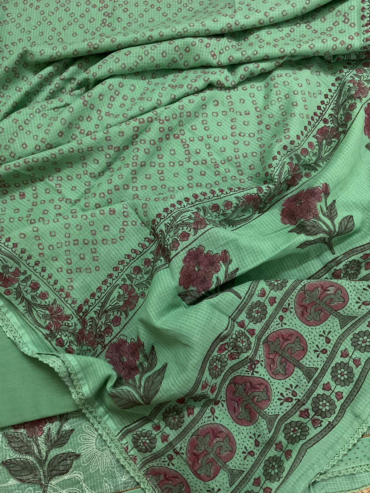 Pure Kota Cotton Printed Embroidered Suit - Green