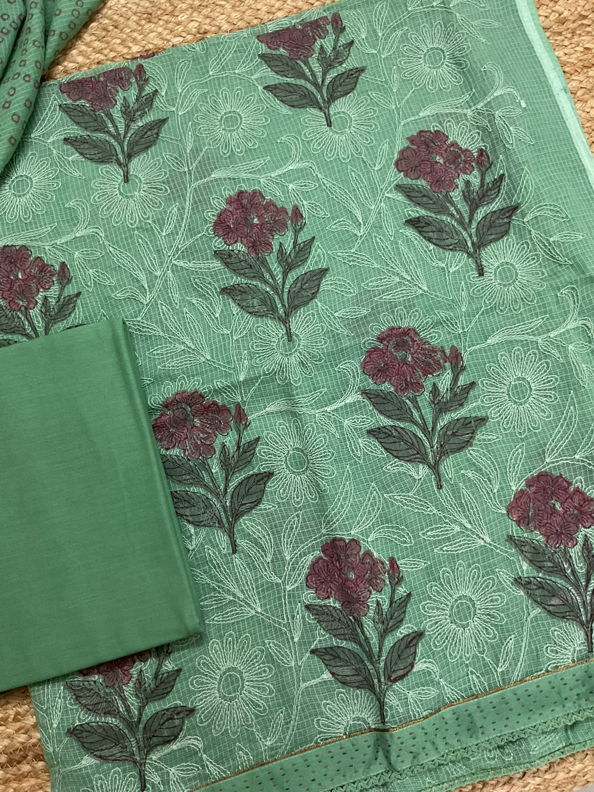 Pure Kota Cotton Printed Embroidered Suit - Green