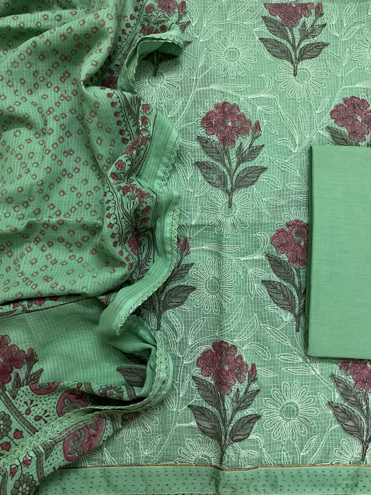 Pure Kota Cotton Printed Embroidered Suit - Green