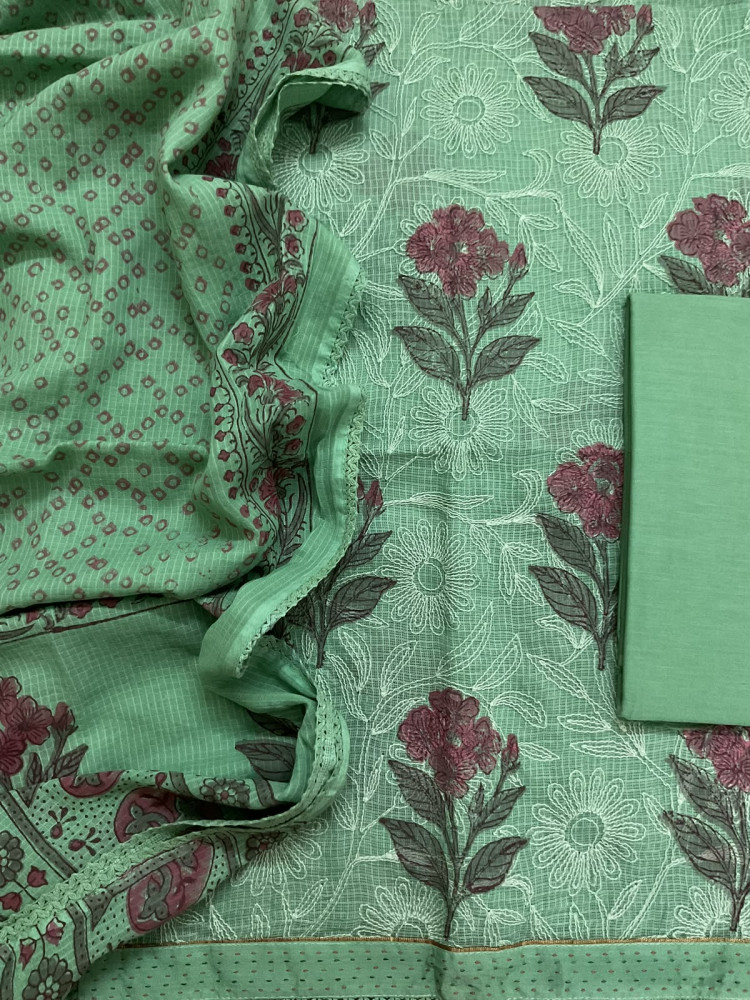 Image of Pure Kota Cotton Printed Embroidered Suit - Green