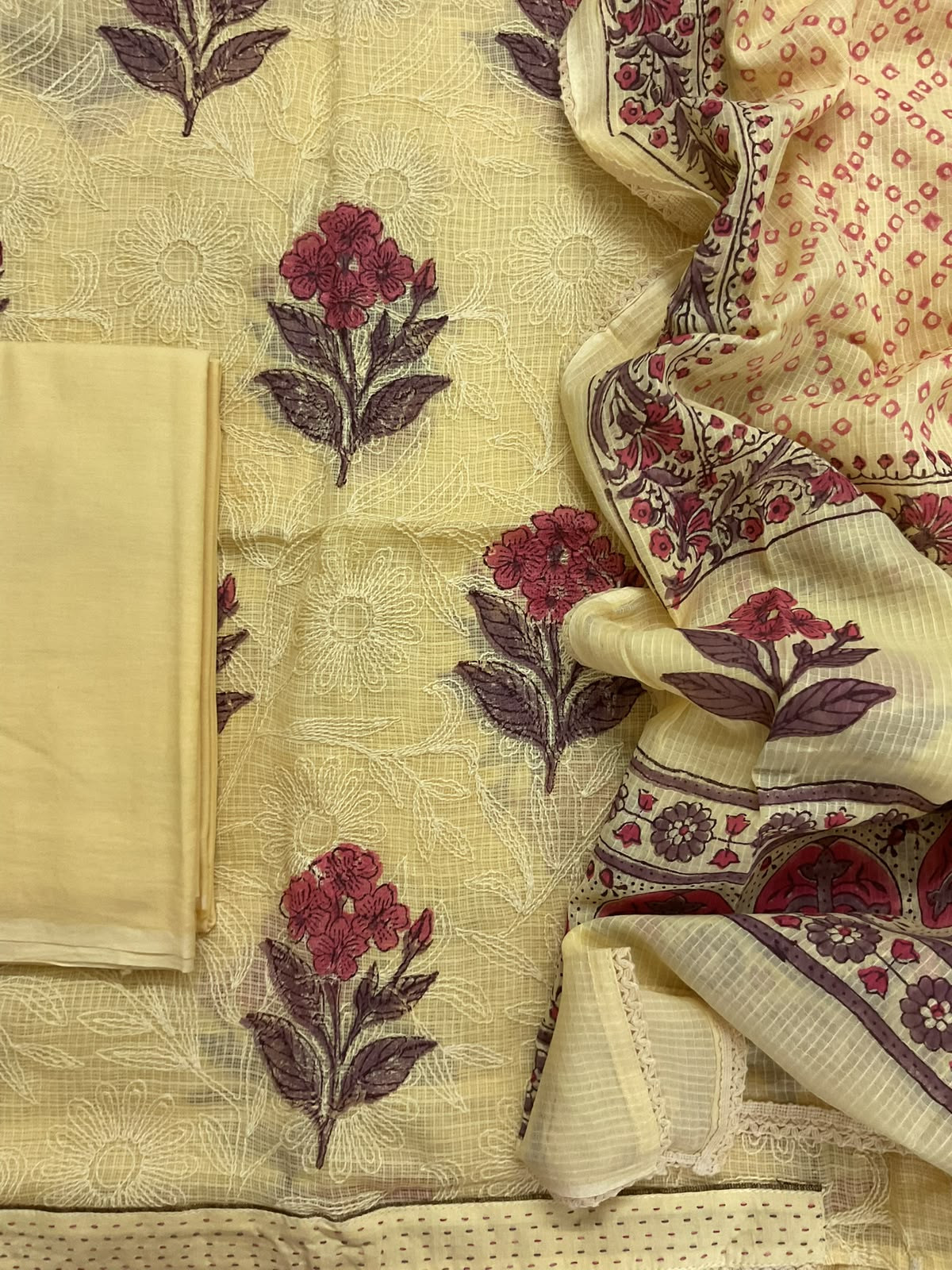 Pure Kota Cotton Printed Embroidered Suit - Yellow