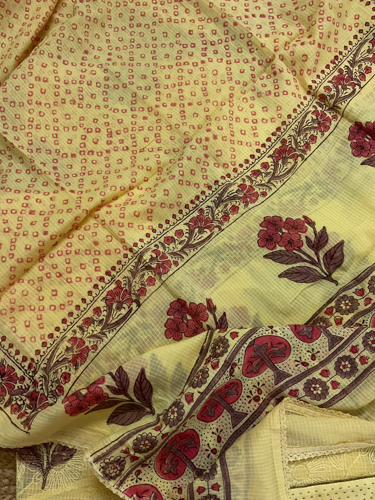 Pure Kota Cotton Printed Embroidered Suit - Yellow