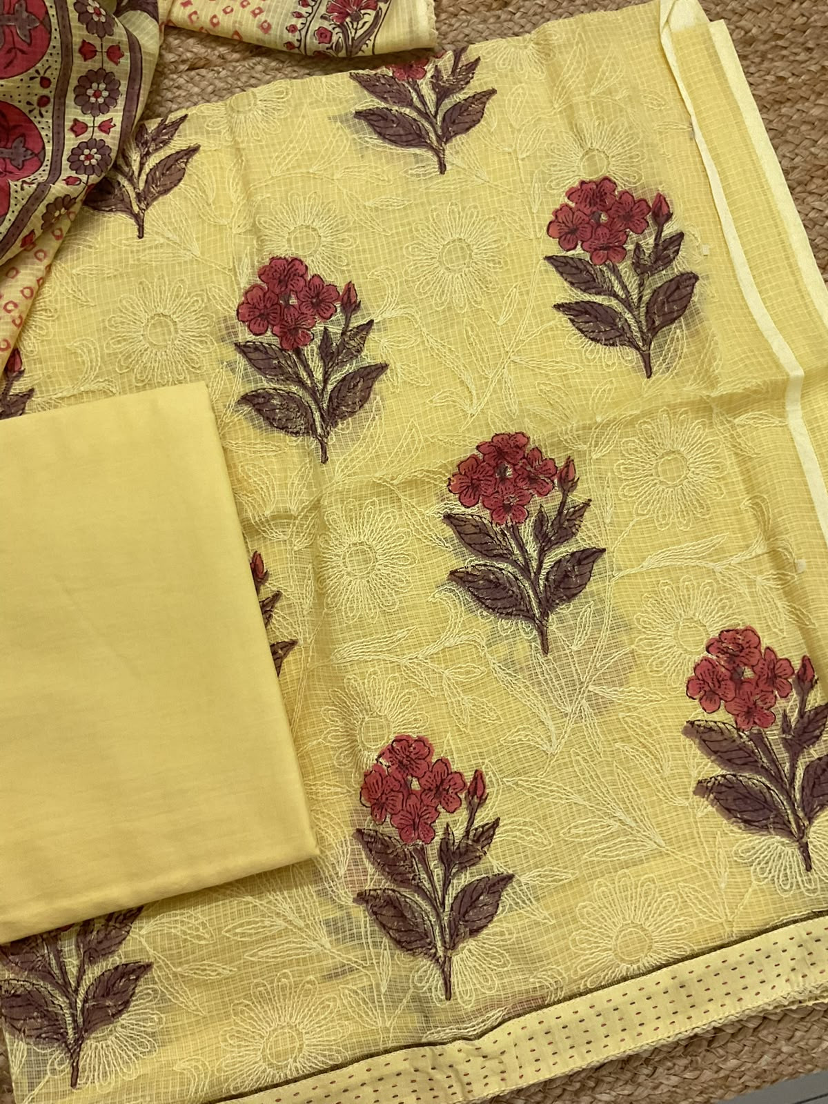 Pure Kota Cotton Printed Embroidered Suit - Yellow