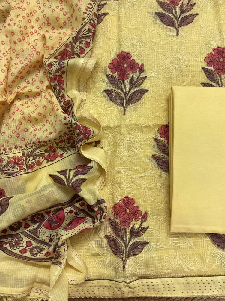 Image of Pure Kota Cotton Printed Embroidered Suit - Yellow