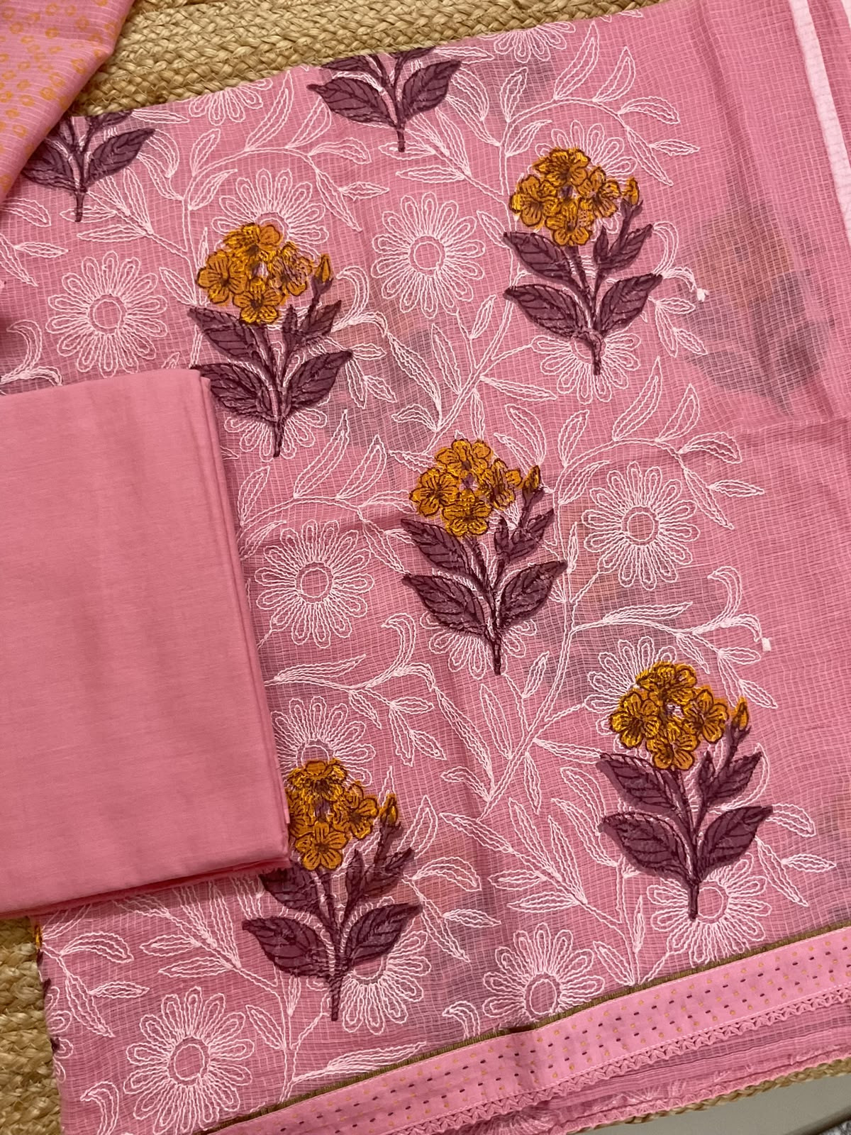 Pure Kota Cotton Printed Embroidered Suit - Pink