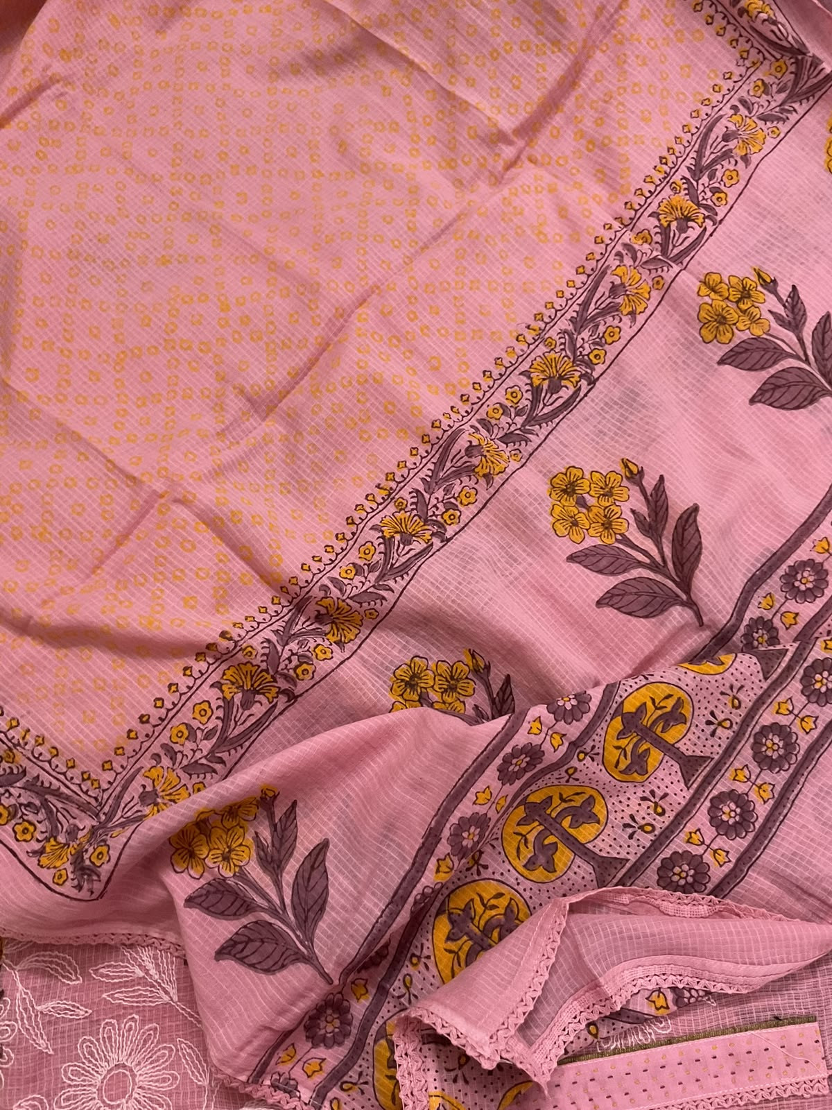 Pure Kota Cotton Printed Embroidered Suit - Pink