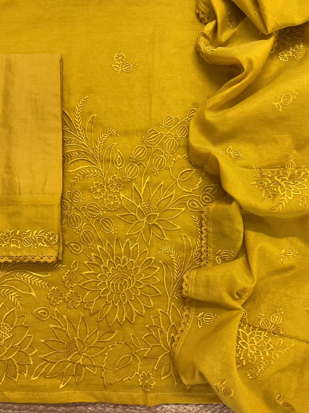 Pure Chanderi Embroidered Suit - Yellow