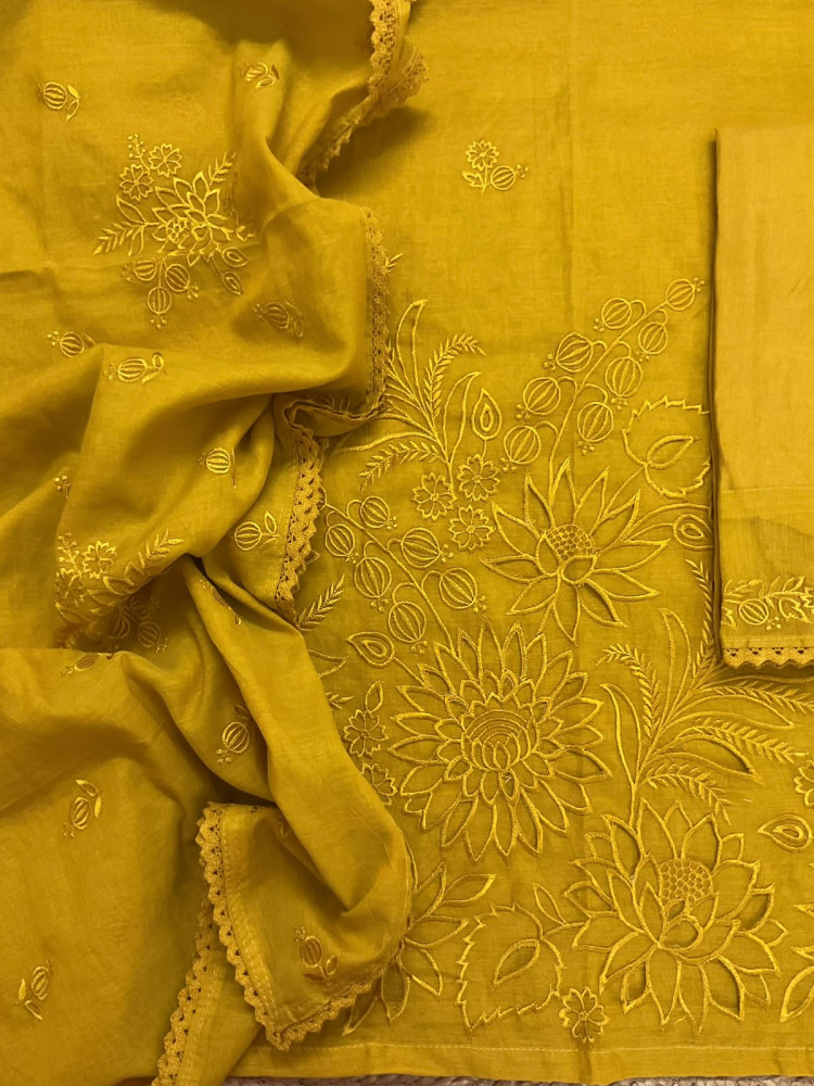 Image of Pure Chanderi Embroidered Suit - Yellow