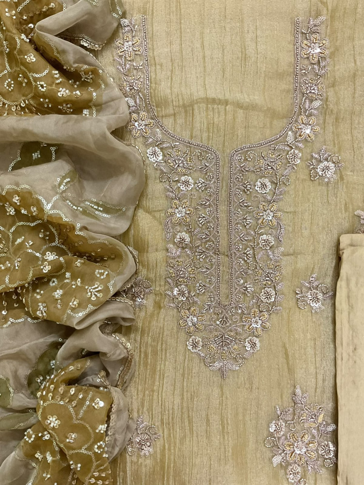 Image of Soft Crushed Tissue Prinetd Embroidered Suit - Yellow