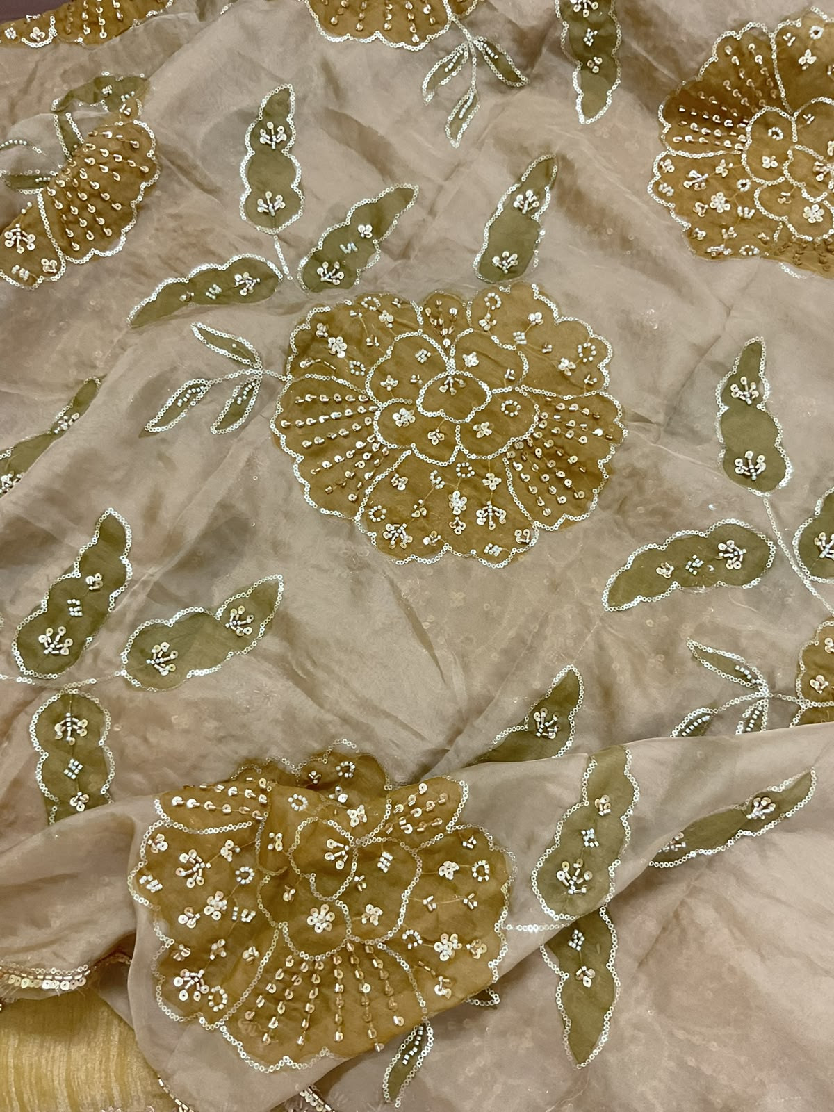 Soft Crushed Tissue Prinetd Embroidered Suit - Yellow