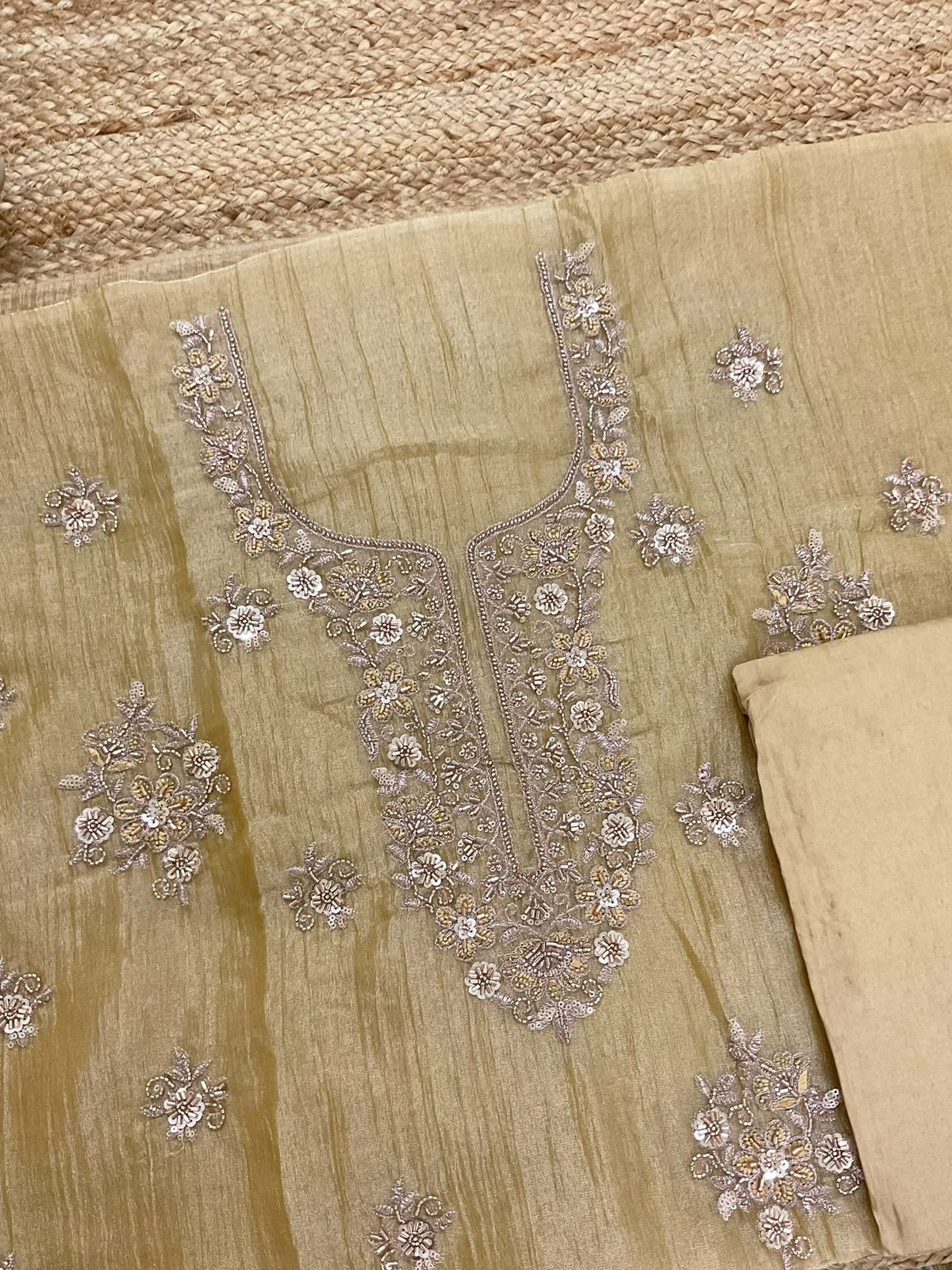 Soft Crushed Tissue Prinetd Embroidered Suit - Yellow