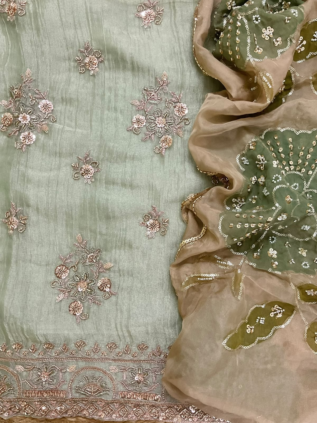 Soft Crushed Tissue Prinetd Embroidered Suit - Green