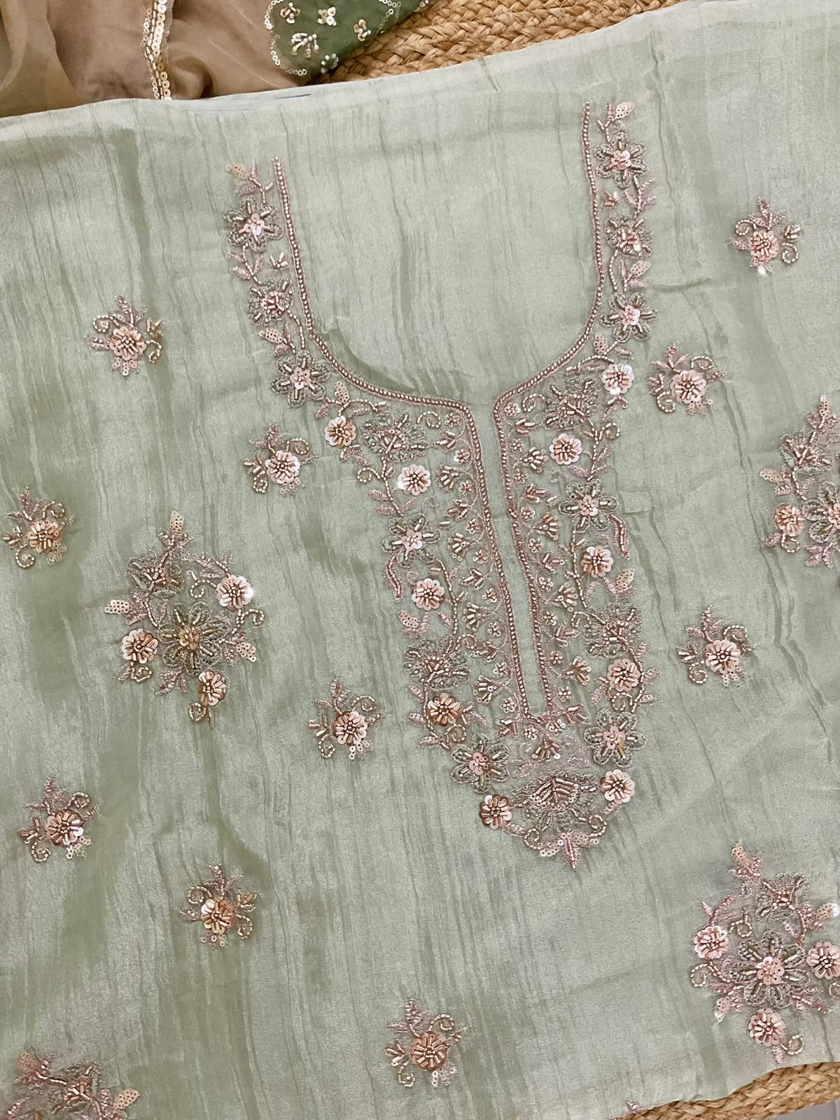 Soft Crushed Tissue Prinetd Embroidered Suit - Green