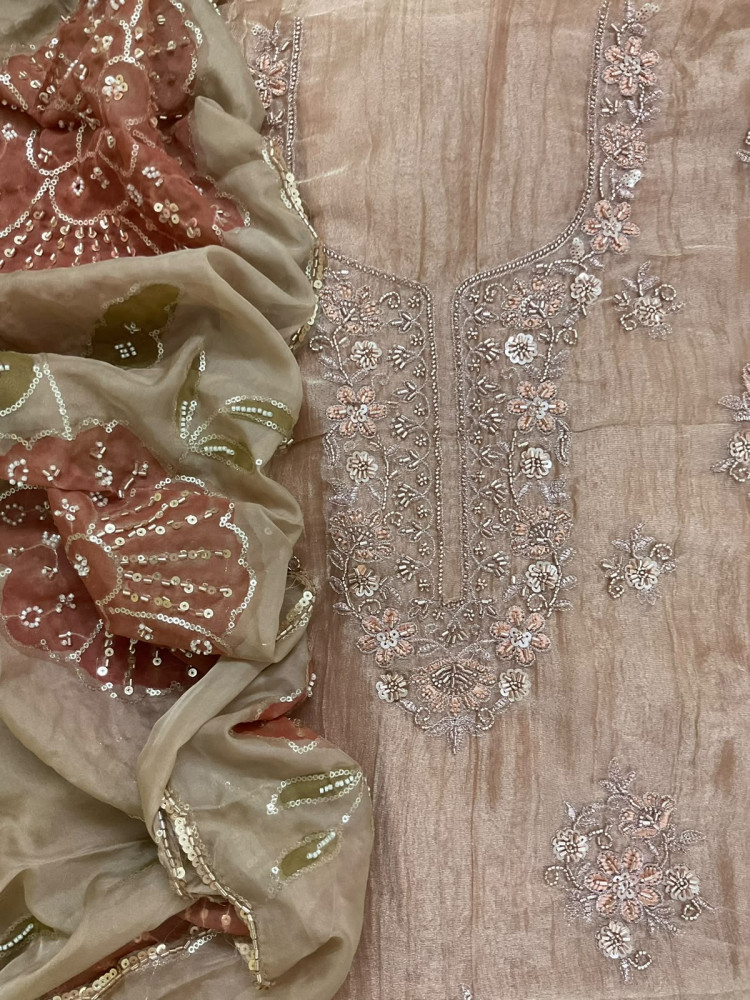 Image of Soft Crushed Tissue Prinetd Embroidered Suit - Peach