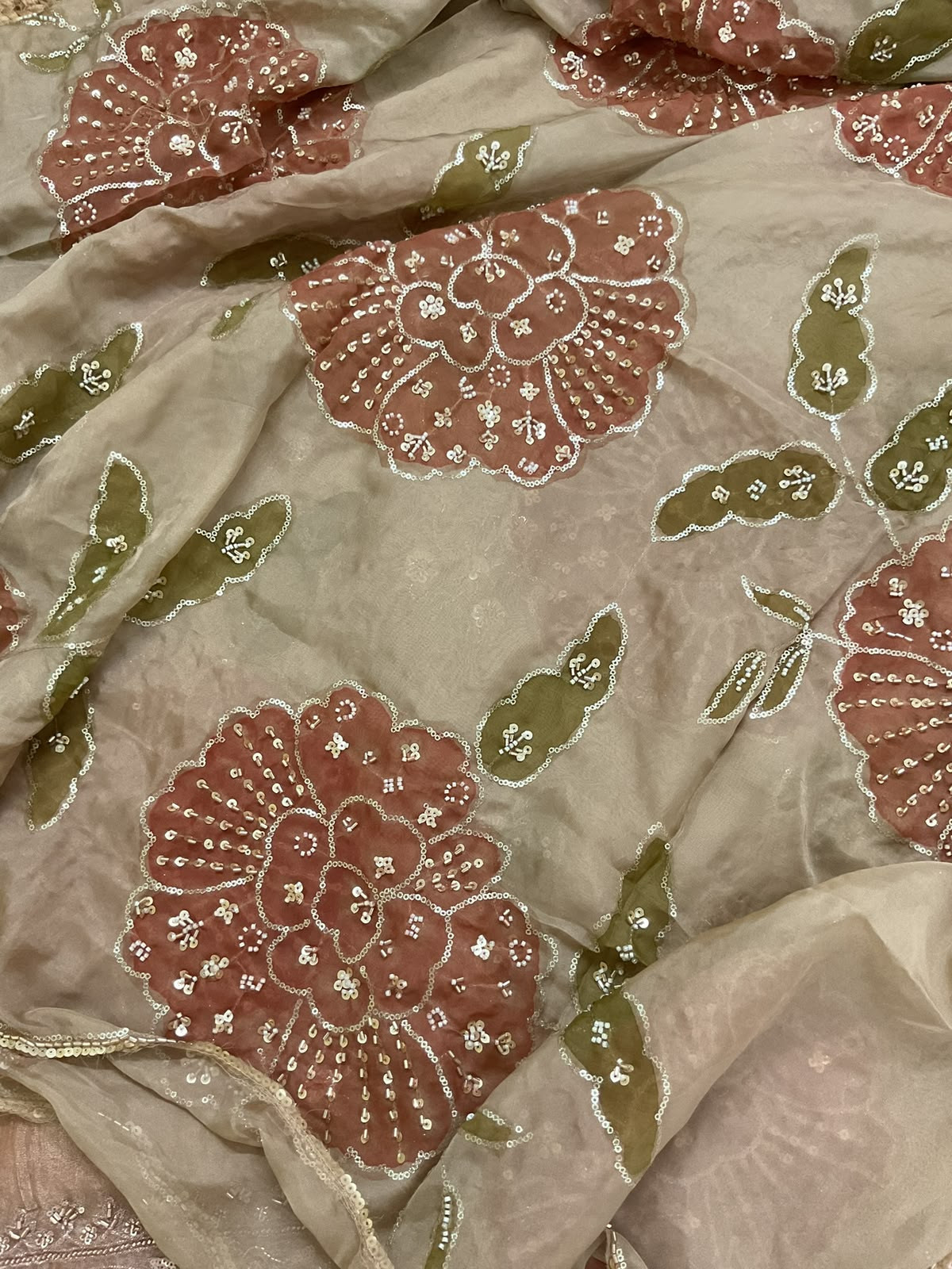 Soft Crushed Tissue Prinetd Embroidered Suit - Peach