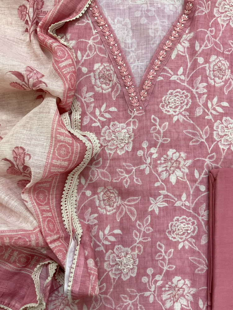 Image of Soft Linen Jute Cotton Printed Embroidered Suit - Pink